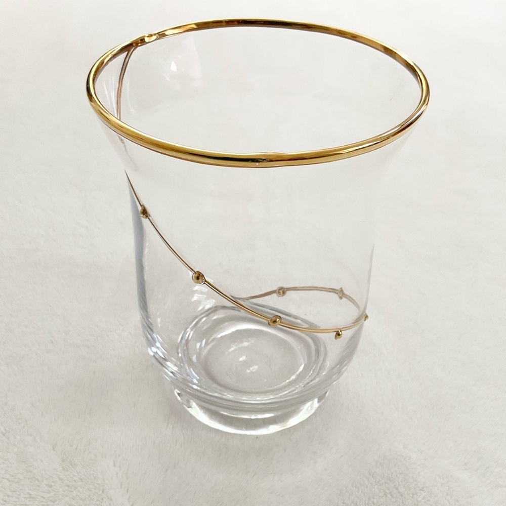 Vintage Pier 1 Clear Blown Glass Vase Gold Rim Spiral Swirl Accent 6”